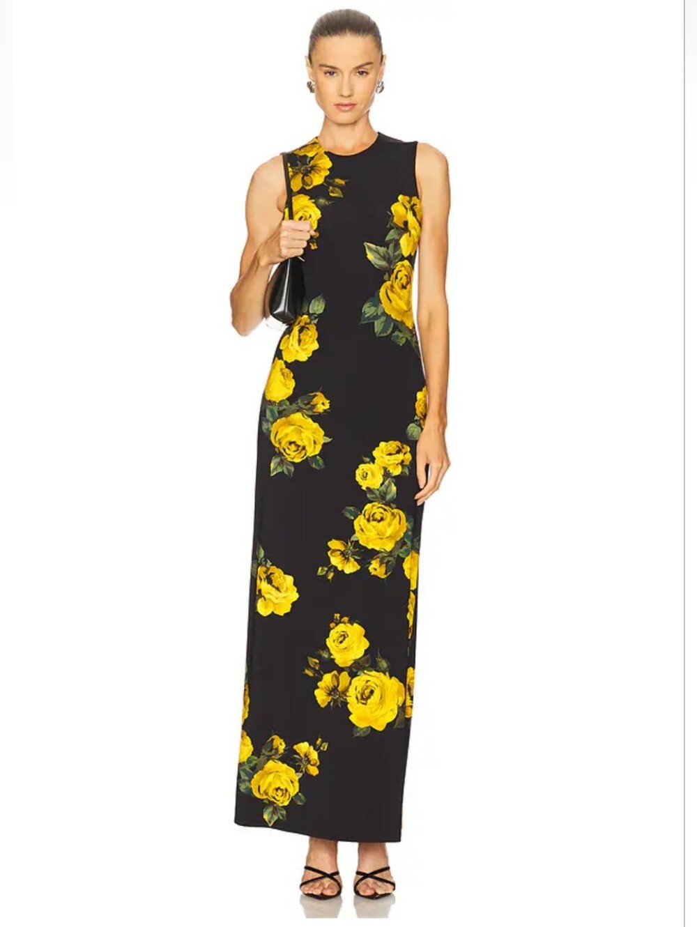 New..Alice & Olivia Sleeveless Black Maxi Dress with Yellow Floral Print